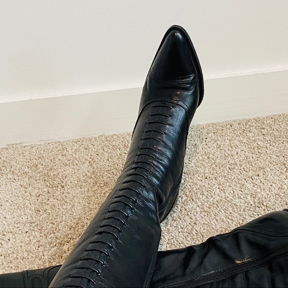 Vintage Victorian Style Via Spiga Black Genuine Patent Leather Laced Tall Boots - Picture 12 of 15